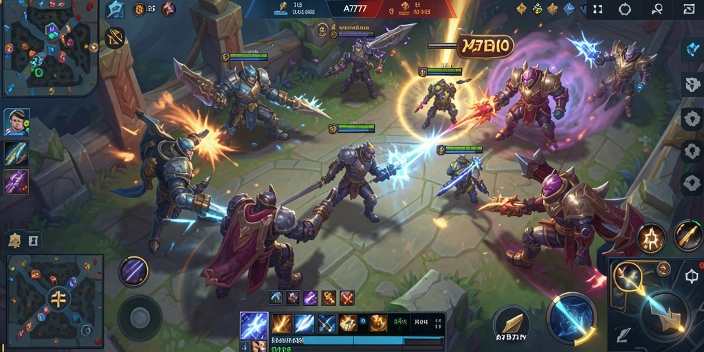 Tampilkan aksi gameplay intens di arena pertempuran MOBA.