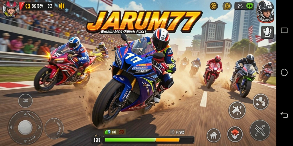 Gameplay JARUM77 menampilkan aksi balap motor yang mendebarkan.