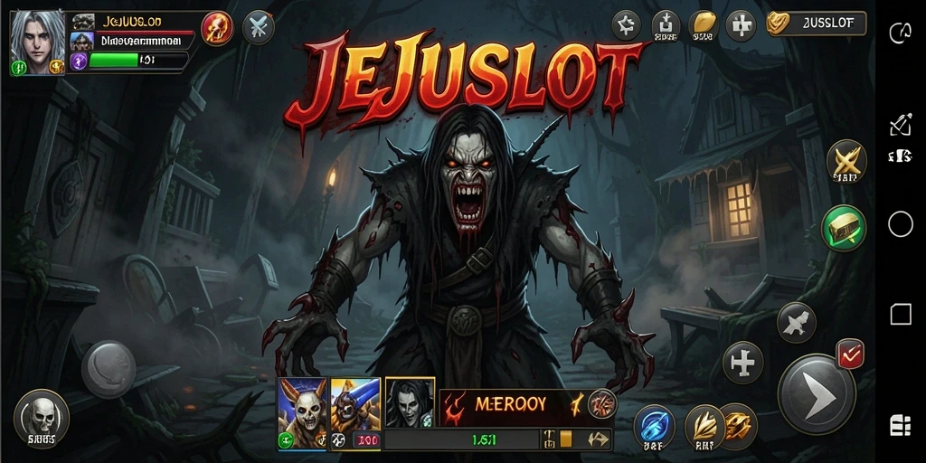 Gameplay JEJUSLOT menampilkan suasana mencekam dan ketegangan tinggi.