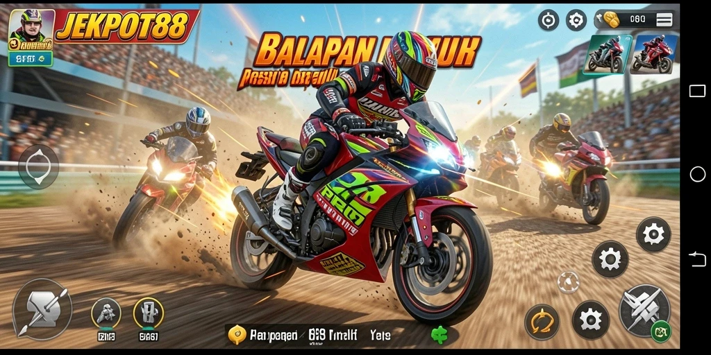 Screenshot gameplay JEKPOT88 dengan motor balap di trek menantang.