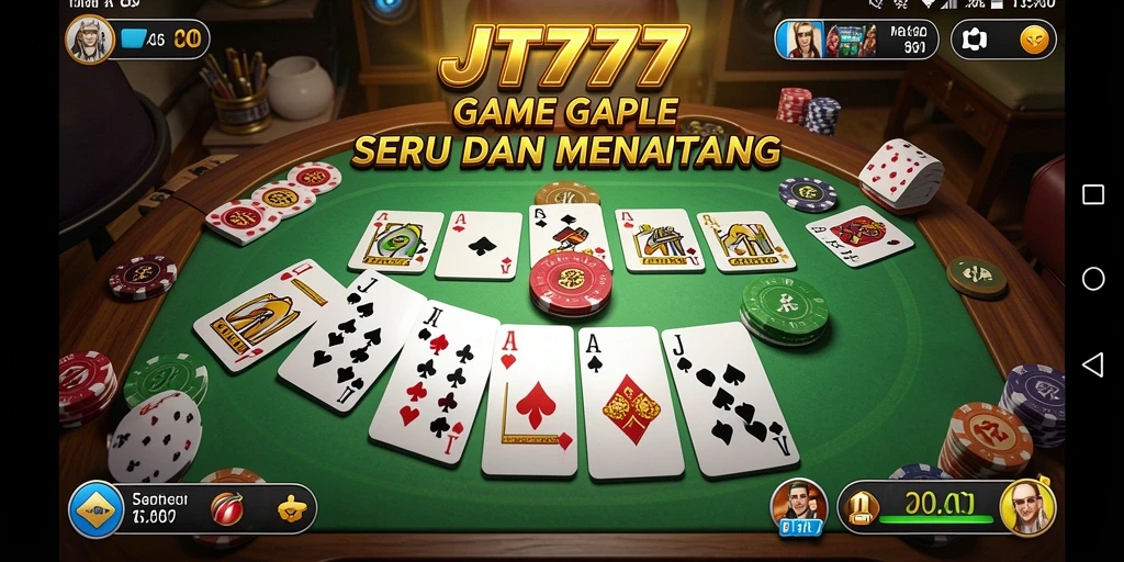 Menampilkan gameplay seru dalam permainan Gaple JT777.