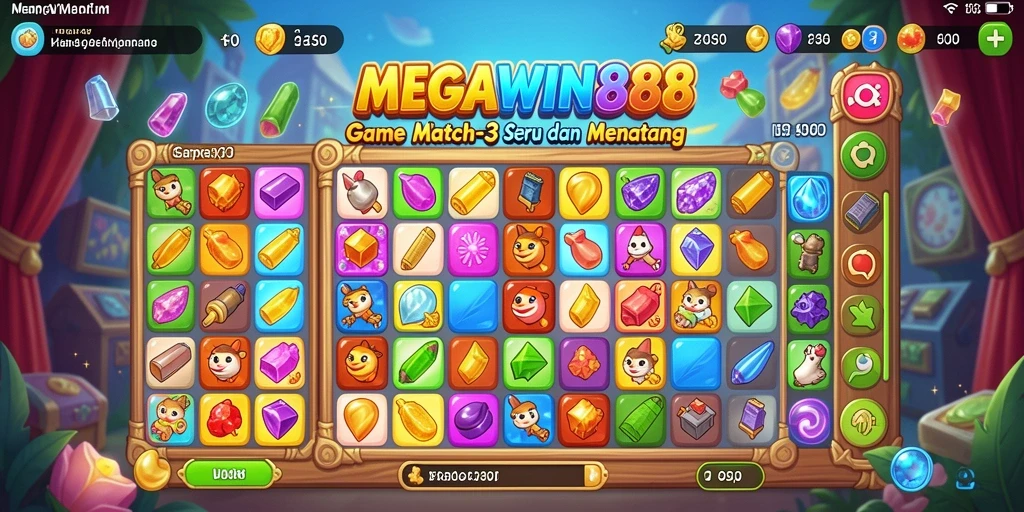 Tangkapan layar gameplay Match-3 MEGAWIN888 yang penuh warna.