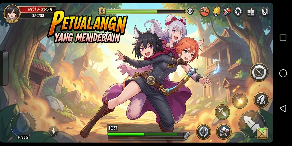 Tampilan gameplay seru dan karakter Anime yang berwarna-warni.