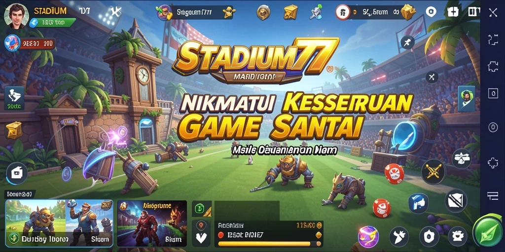 Tangkapan layar gameplay STADIUM77 dengan karakter lucu dan tantangan seru.